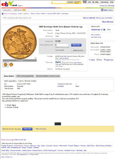 nickyboxing eBay Listing for 1883 Victoria Young Head Gold Sovereign